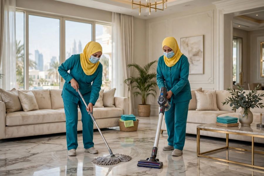 "Albatross Cleaning team deep cleaning a villa living room in Abu Dhabi".