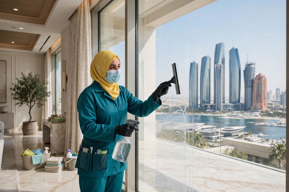 "Albatross Cleaning team deep cleaning a villa living room in Abu Dhabi".