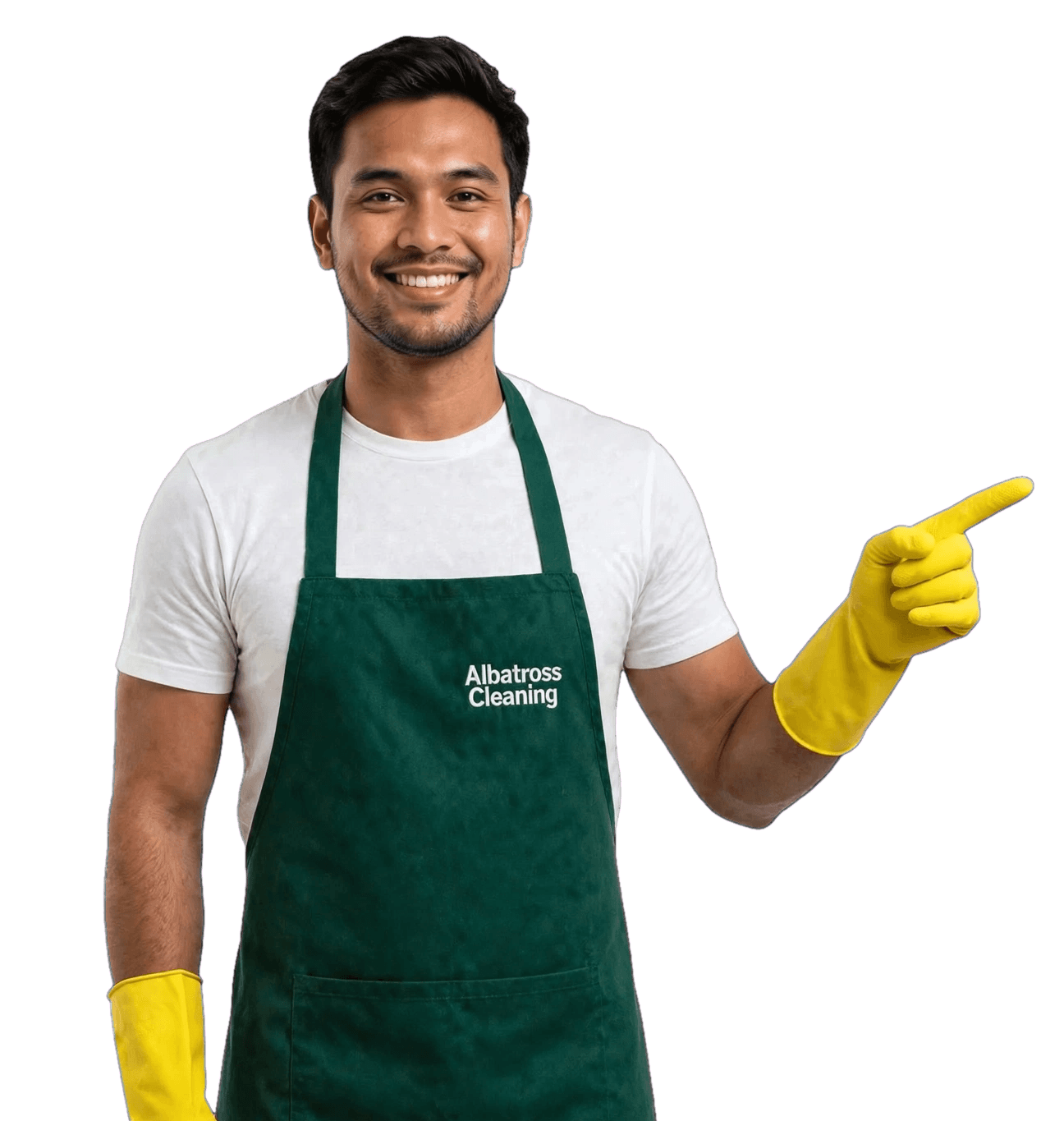 Albatross Cleaning team member in a green apron and yellow gloves, pointing to the right side.